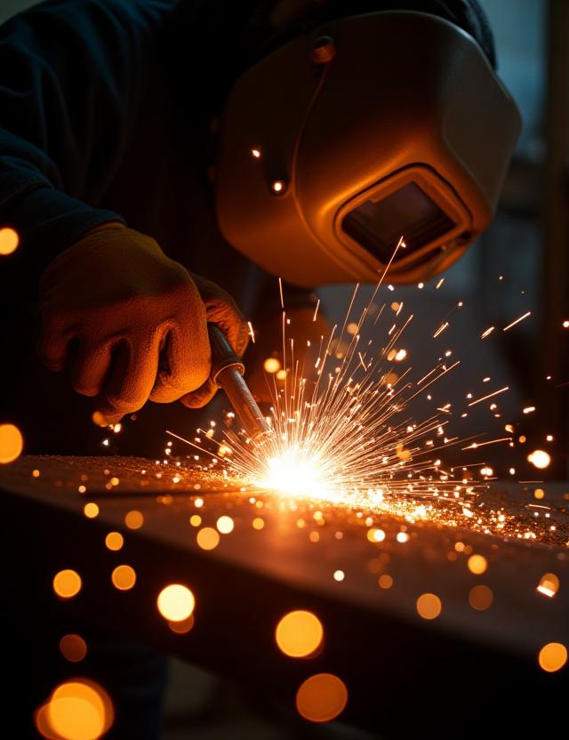 Percikan api kelihatan semasa proses kimpalan untuk projek fabrikasi khas.